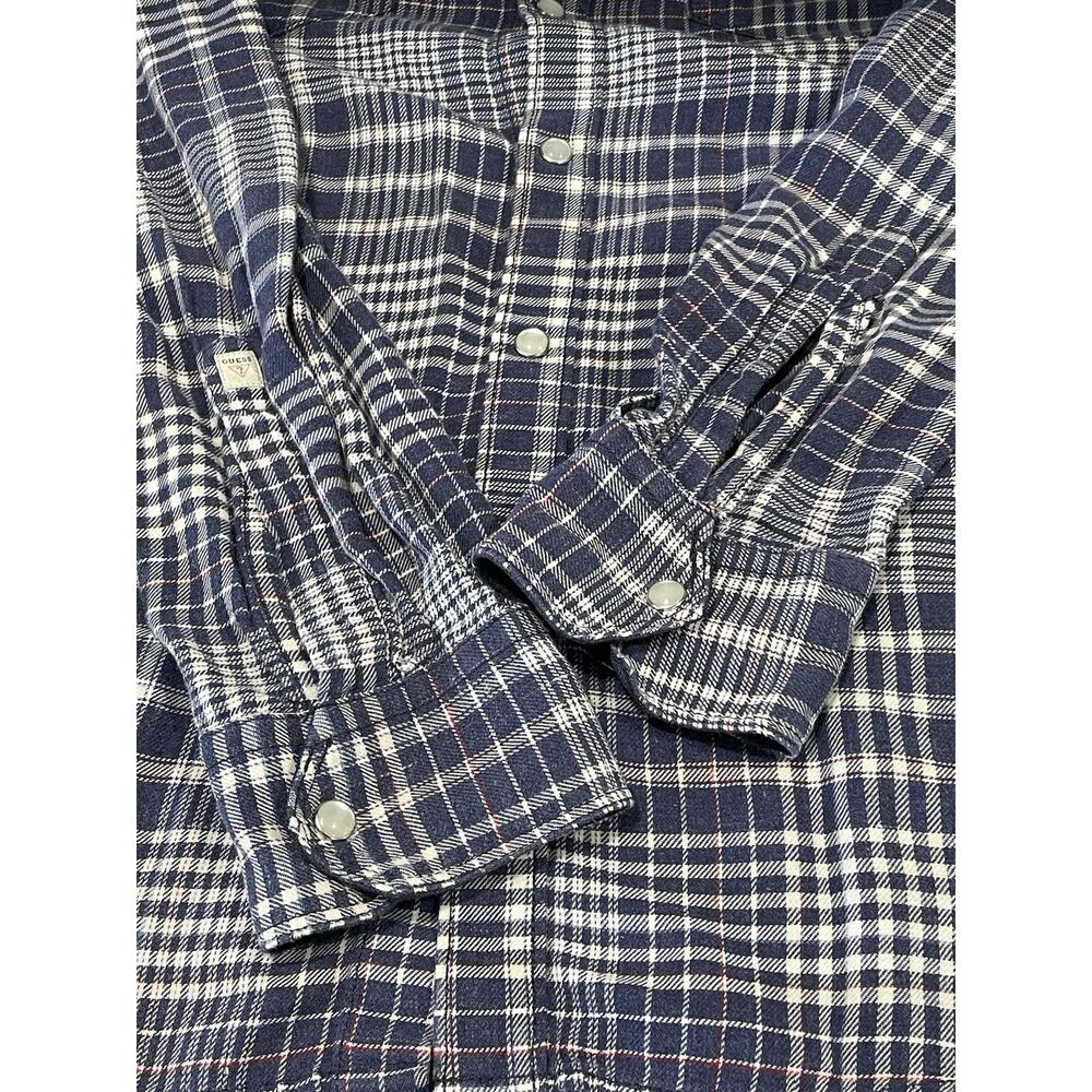 Guess LA 1981 -Blue Plaid Flannel Pearl Snap Button Up Shirt Women’s Sz Medium - Picture 8 of 16